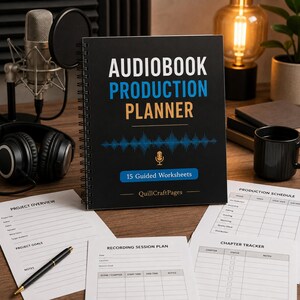 May include: A black spiral-bound Audiobook Production Planner with white, blue, and orange text, a blue sound wave graphic, and a microphone icon. The cover reads 15 Guided Worksheets and QuillCraftPages. Several printed planning worksheets are included.