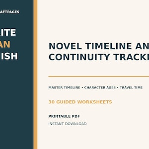 Op de afbeelding: Een digitaal document getiteld Novel Timeline and Continuity Tracker met de tekst Quillcraftpages, Write Plan Finish, Master Timeline, Character Ages, Travel Time, 30 Guided Worksheets, Printable PDF en Instant Download in donkerblauw en beige.