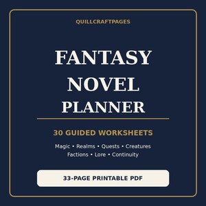 Könnte beinhalten: Ein dunkelblaues digitales Planer-Cover mit goldenen Rändern und weißem Text: QUILLCRAFTPAGES, FANTASY NOVEL PLANNER, 30 GUIDED WORKSHEETS, Magic, Realms, Quests, Creatures, Factions, Lore, Continuity und 33-PAGE PRINTABLE PDF.