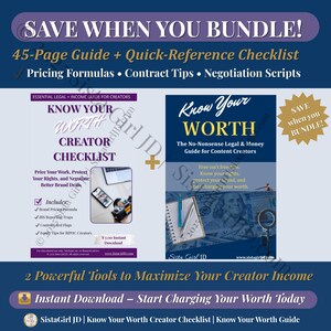 May include: Two digital guides titled "Know Your Worth" and "Know Your Worth Creator Checklist" are displayed. The guides provide pricing formulas, contract tips, and negotiation scripts. The image has a dark blue background with white and gold text.