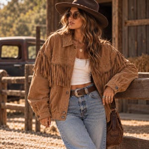 May include: A tan suede jacket featuring long fringe detailing across the chest and back, paired with a white ribbed tank top, light blue denim jeans, a brown leather belt with a silver buckle, and a wide-brimmed brown felt hat.