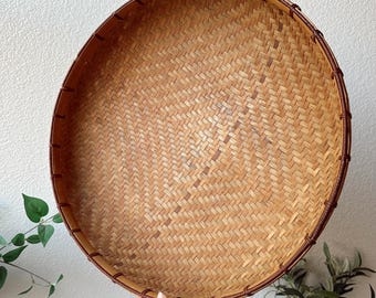 Large 16" Vintage Woven Rattan Winnowing Tray | Handwoven Bamboo Wall Basket (Boho Asian Decor)