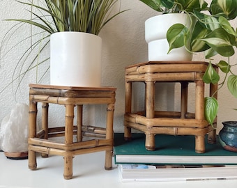 Vintage Set of 2 Bamboo Stools, Octagonal Plant Stands, Jungalow Boho Decor
