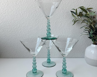Libbey Metropolis Spanish Teal Green Bubble Stem Martini Glasses, Set of 4