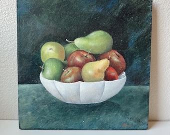 Vintage Still Life Oil Painting, Original Signed Fruit Bowl Kitchen Wall Art
