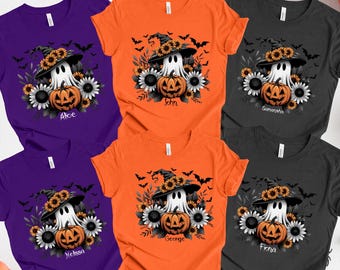Camiseta de Halloween, camiseta de fantasma linda, camiseta de fantasma con sombrero de bruja negro, camiseta de fantasma, camiseta de fantasma de Halloween, camisetas de fiesta de Halloween, camiseta de calabaza