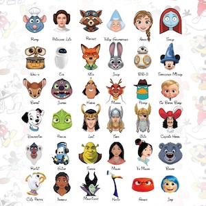 Peut inclure: Une grille de trente-cinq t&ecirc;tes de personnages de dessins anim&eacute;s color&eacute;s dispos&eacute;es en sept rang&eacute;es et cinq colonnes. Chaque personnage est &eacute;tiquet&eacute; avec son nom en texte manuscrit noir sous l'illustration, repr&eacute;sentant divers films.