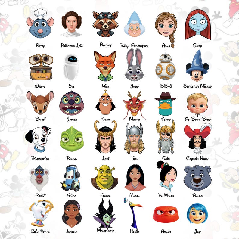 Peut inclure: Une grille de trente-cinq t&ecirc;tes de personnages de dessins anim&eacute;s color&eacute;s dispos&eacute;es en sept rang&eacute;es et cinq colonnes. Chaque personnage est &eacute;tiquet&eacute; avec son nom en texte manuscrit noir sous l'illustration, repr&eacute;sentant divers films.