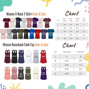 Op de afbeelding: Een productafbeelding met een verscheidenheid aan dames V-hals T-shirts en racerback tanktops in verschillende kleuren. De afbeelding bevat een kleuren- en maattabel met afmetingen in inches, omgerekend in centimeters, voor lichaamslengte en -breedte en mouwlengte.