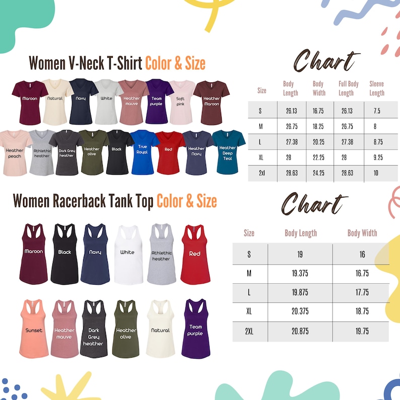 Op de afbeelding: Een productafbeelding met een verscheidenheid aan dames V-hals T-shirts en racerback tanktops in verschillende kleuren. De afbeelding bevat een kleuren- en maattabel met afmetingen in inches, omgerekend in centimeters, voor lichaamslengte en -breedte en mouwlengte.