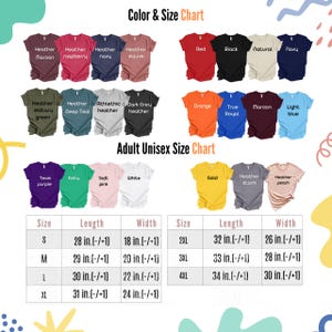 Op de afbeelding: Een kleuren- en maattabel voor unisex T-shirts voor volwassenen. De tabel toont verschillende kleuren, waaronder rood, zwart, marineblauw en bordeauxrood. Maatvoeringen worden in inches weergegeven, vari&euml;rend van S tot 4XL, met bijbehorende lengtes en breedtes.