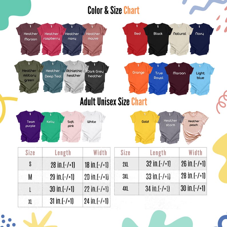 Op de afbeelding: Een kleuren- en maattabel voor unisex T-shirts voor volwassenen. De tabel toont verschillende kleuren, waaronder rood, zwart, marineblauw en bordeauxrood. Maatvoeringen worden in inches weergegeven, vari&euml;rend van S tot 4XL, met bijbehorende lengtes en breedtes.