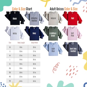 Op de afbeelding: Een kleuren- en maattabel voor unisex sweatshirts voor volwassenen. De tabel toont verschillende kleuren, waaronder zwart, athletic heather, naturel, rood, wit, marine, H. military green, zachtroze, lichtblauw en donkergrijze heather. Maten vari&euml;ren van XS tot 5XL, met lichaamslengtes van 45.7 tot 86.4 cm en lichaamsbreedtes van 66 tot 86.4 cm.