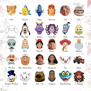 Peut inclure: Une grille de trente t&ecirc;tes de personnages de dessins anim&eacute;s color&eacute;s incluant Nala, Flounder, Dory, Hercules, Ellie, Carl, Cinnamoroll, Max Goof, Figment, Celia Mae, Genie, Jiminy Cricket, Roz, Alice, Aladdin, Russell, Jessie, Poseidon, Mr. Toad, Mrs. Potato Head, Ralph, Pocahontas, Pua, Mater, Scrooge McDuck, Marie, Dug, Chewbacca, Gary the Snake et Captain Jack Sparrow.