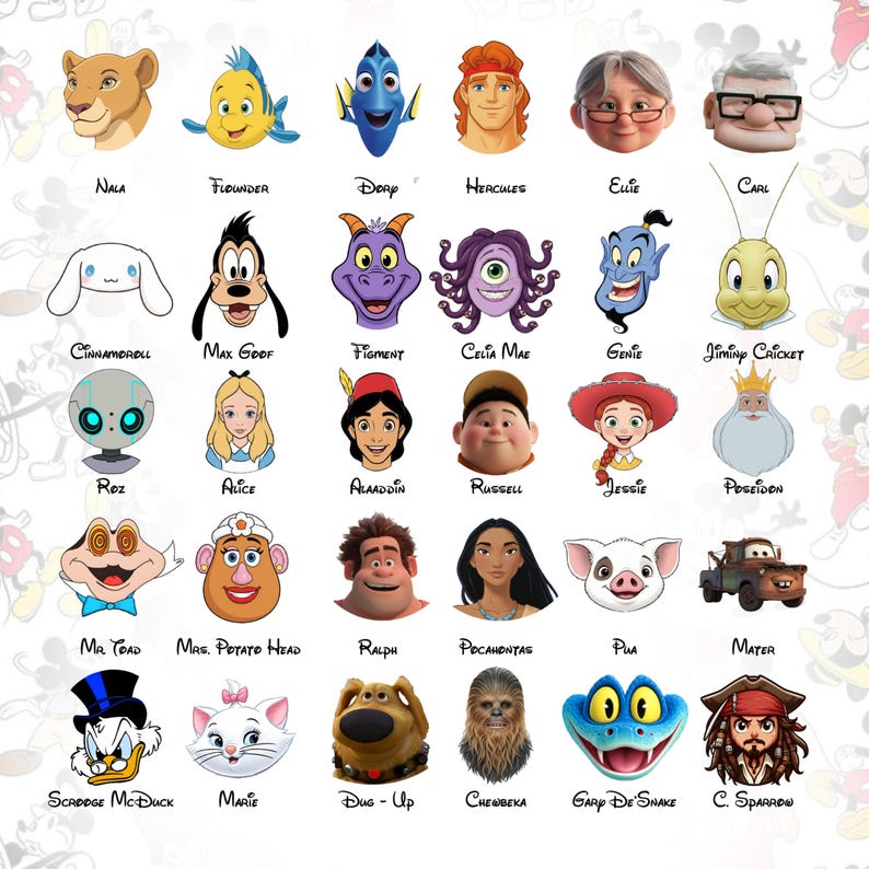 Peut inclure: Une grille de trente t&ecirc;tes de personnages de dessins anim&eacute;s color&eacute;s incluant Nala, Flounder, Dory, Hercules, Ellie, Carl, Cinnamoroll, Max Goof, Figment, Celia Mae, Genie, Jiminy Cricket, Roz, Alice, Aladdin, Russell, Jessie, Poseidon, Mr. Toad, Mrs. Potato Head, Ralph, Pocahontas, Pua, Mater, Scrooge McDuck, Marie, Dug, Chewbacca, Gary the Snake et Captain Jack Sparrow.
