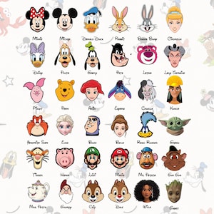 Peut inclure: Une grille de quarante-deux t&ecirc;tes de personnages de dessins anim&eacute;s color&eacute;s, incluant Mickey, Minnie, Donald, Winnie l'ourson et Grogu. Chaque personnage est &eacute;tiquet&eacute; avec son nom en texte noir sous l'illustration correspondante.