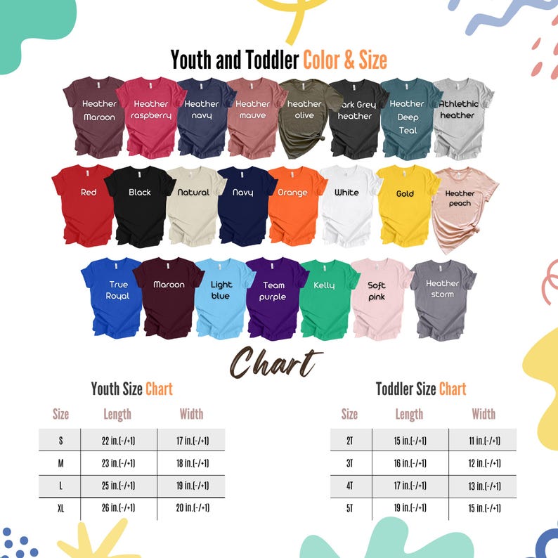 Op de afbeelding: Een tabel met een verscheidenheid aan t-shirtkleuren voor jeugd en peuters, waaronder rood, zwart en marineblauw. De tabel toont ook maat informatie, met afmetingen in inches voor zowel jeugd- als peutermaten. De tekst "Youth and Toddler Color & Size" staat bovenaan.