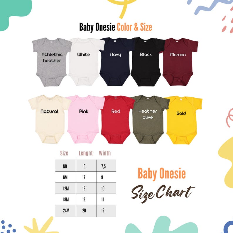 Op de afbeelding: Een selectie babyrompers in diverse kleuren, waaronder grijs, wit, marineblauw, zwart en bordeauxrood. Andere kleuren zijn naturel, roze, rood, olijf en goud. Een maattabel met afmetingen in cm is ook inbegrepen.