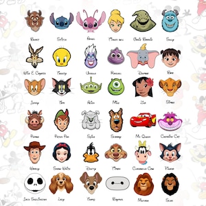 Peut inclure: Une grille de 36 illustrations de t&ecirc;tes de personnages de dessins anim&eacute;s color&eacute;s, chacune &eacute;tiquet&eacute;e avec son nom en dessous. La collection pr&eacute;sente diverses figures anim&eacute;es, y compris des animaux, des humains et des cr&eacute;atures aux couleurs vari&eacute;es.