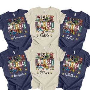 May include: Six t-shirts with a Universal Studios graphic. The shirts are navy blue and cream-colored. Each shirt has a different name printed below the graphic, including Samantha, Olivia, Alice, Benjamin, Oliver, and William.