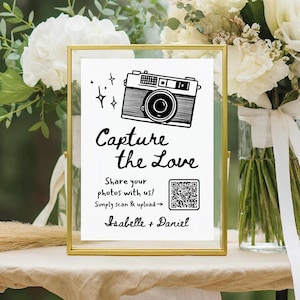 Erfassen Sie die Liebe Zeichenvorlage - QR-Code Hochzeitsschild | Bearbeitbares Canva Table Sign für die gemeinsame Nutzung von Fotos