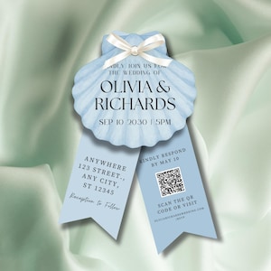 Blue Shell Wedding Invitation Set: Coastal Die-Cut Template (Digital Download)