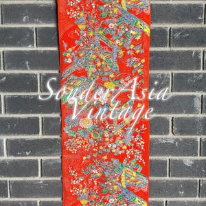 Vintage Japanese Kimono Silk Fabric Panel Red Geisha Print Traditional Textile Art