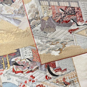Vintage Japanese Nishijin Obi Textile Panel Brocade Kimono Fabric with Gold Thread Geisha Court Scene DIY Craft Framing Collectible