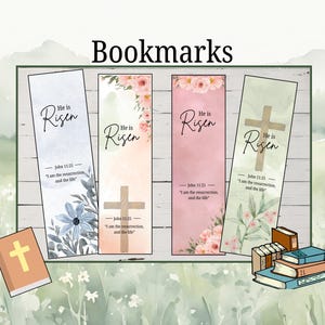 May include: Four rectangular bookmarks with the words "He is Risen" and a cross design. The bookmarks have floral and watercolor backgrounds in shades of pink, green, and blue. A small book with a cross and a stack of books are also shown.