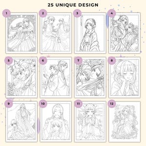 Może przedstawiać: Kolekcja 25 kolorowanek o unikalnym wzornictwie, zawierająca czarno-białe ilustracje liniowe postaci w stylu anime w tradycyjnych strojach. Siatka przedstawia dwanaście r&oacute;żnych scen ukazujących pary i pojedyncze osoby w r&oacute;żnych pozach.