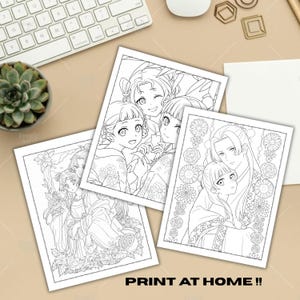 Może przedstawiać: Trzy prostokątne arkusze papieru z czarno-białymi ilustracjami liniowymi postaci w stylu anime w tradycyjnych strojach. Rysunki zawierają wzory kwiatowe i ozdobne obramowania. Widoczny jest tekst PRINT AT HOME !!.