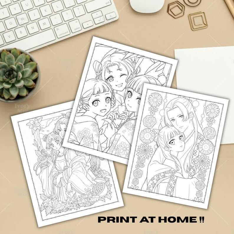 Może przedstawiać: Trzy prostokątne arkusze papieru z czarno-białymi ilustracjami liniowymi postaci w stylu anime w tradycyjnych strojach. Rysunki zawierają wzory kwiatowe i ozdobne obramowania. Widoczny jest tekst PRINT AT HOME !!.