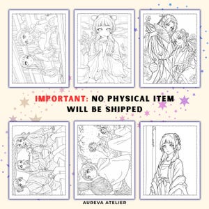 Może przedstawiać: Sześć czarno-białych kolorowanek z rysunkami liniowymi postaci w stylu anime w tradycyjnych strojach. Tekst brzmi IMPORTANT: NO PHYSICAL ITEM WILL BE SHIPPED oraz AUREVA ATELIER. Te cyfrowe ilustracje przedstawiają r&oacute;żne sceny.
