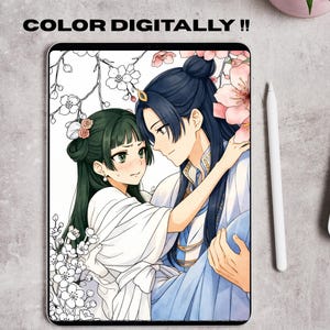 Może przedstawiać: Tablet cyfrowy wyświetlający ilustrację w stylu anime przedstawiającą dwie postacie w otoczeniu kwiat&oacute;w wiśni, z napisem COLOR DIGITALLY !! nad ekranem. Postacie mają ciemne włosy i noszą szaty w tradycyjnym stylu.