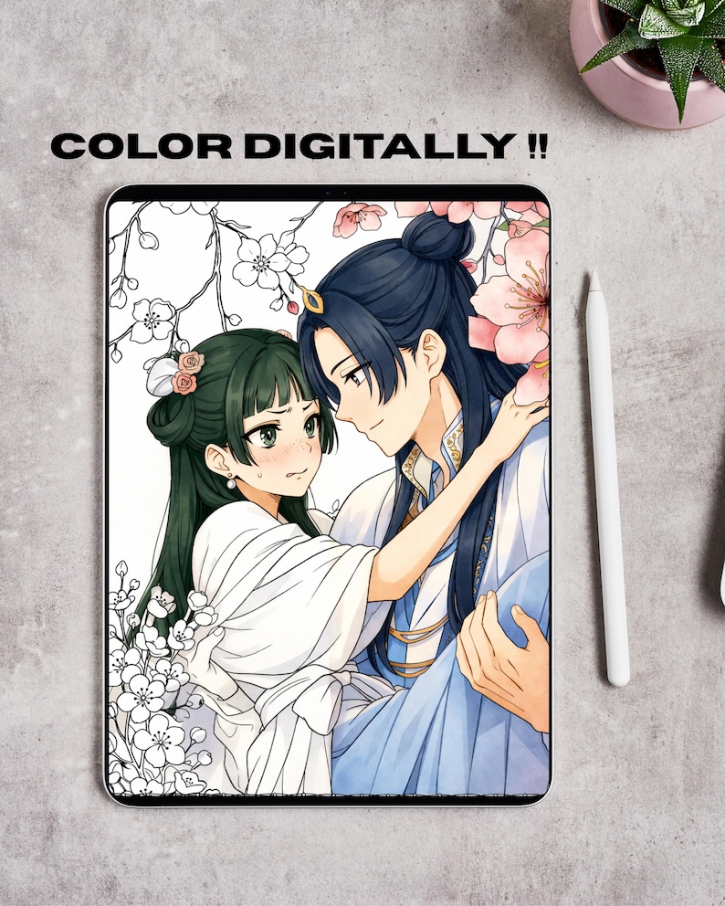 Może przedstawiać: Tablet cyfrowy wyświetlający ilustrację w stylu anime przedstawiającą dwie postacie w otoczeniu kwiat&oacute;w wiśni, z napisem COLOR DIGITALLY !! nad ekranem. Postacie mają ciemne włosy i noszą szaty w tradycyjnym stylu.