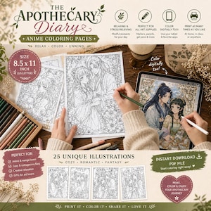 Puede incluir: Libro para colorear anime The Apothecary Diary con 25 ilustraciones únicas. El libro mide 21,59 x 27,94 cm e incluye temas acogedores, románticos y de fantasía. Perfecto para los amantes del anime y el manga.