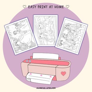 Może przedstawiać: R&oacute;żowa drukarka z akcentami w kształcie serc znajduje się pod trzema czarno-białymi kolorowankami w stylu anime. Tekst EASY PRINT AT HOME jest wyśrodkowany na g&oacute;rze, a AUREVA ATELIER na dole. Z drukarki wysuwa się arkusz papieru.