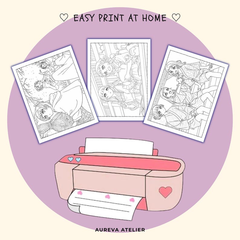 Może przedstawiać: R&oacute;żowa drukarka z akcentami w kształcie serc znajduje się pod trzema czarno-białymi kolorowankami w stylu anime. Tekst EASY PRINT AT HOME jest wyśrodkowany na g&oacute;rze, a AUREVA ATELIER na dole. Z drukarki wysuwa się arkusz papieru.