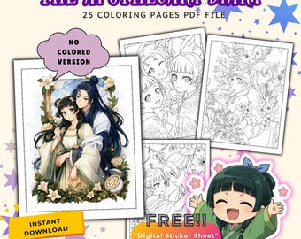 May include: A digital coloring book titled The Apothecary Diary featuring 25 pages with anime-style illustrations of characters in traditional clothing surrounded by flowers. Includes a free digital sticker sheet with 12 character stickers.