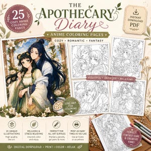 May include: A digital download of "The Apothecary Diary" anime coloring book. The cover shows a romantic illustration of two anime characters. The book includes 25 unique illustrations, ideal for stress relief and creative time. The book is designed for use with markers, pencils, and gel pens.