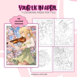 Może przedstawiać: Cyfrowe pobranie kolorowanki z ilustracjami w stylu anime. Okładka przedstawia blond postać grającą na skrzypcach. Tytuł "Your Lie in April" jest wyświetlany u góry, a pod nim "7 Coloring Pages PDF File".