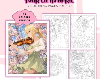 Kolorowanki z anime "Twoje kłamstwo w kwietniu" | Wiosenna grafika liniowa (plik PDF do pobrania w wersji cyfrowej)