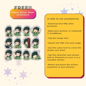 Może przedstawiać: Cyfrowy arkusz naklejek zawierający dwanaście ilustracji postaci z ciemnymi włosami w zielonej szacie. Tekst brzmi FREE!! Digital Sticker Sheet (12 Stickers) i zawiera instrukcje dotyczące używania plik&oacute;w PNG w aplikacji GoodNotes.