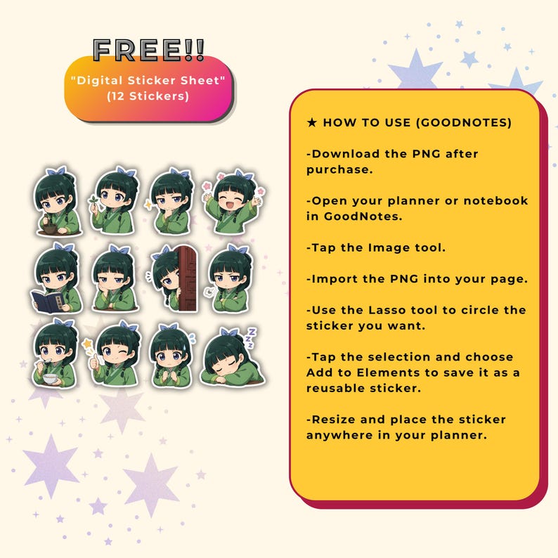 Może przedstawiać: Cyfrowy arkusz naklejek zawierający dwanaście ilustracji postaci z ciemnymi włosami w zielonej szacie. Tekst brzmi FREE!! Digital Sticker Sheet (12 Stickers) i zawiera instrukcje dotyczące używania plik&oacute;w PNG w aplikacji GoodNotes.