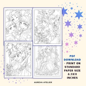 Może przedstawiać: Cztery czarno-białe kolorowanki przedstawiające postacie w stylu anime w kwiatowym otoczeniu. Tekst głosi: PDF DOWNLOAD - PRINT ON STANDARD PAPER SIZE 8.5X11 INCHES oraz AUREVA ATELIER. Tło jest kremowe z niebieskimi i fioletowymi gwiazdkami.