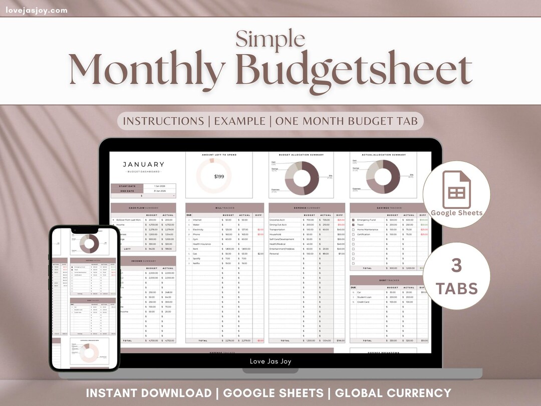 Budget Planner Google Sheets Simple Monthly Budget Spreadsheet With ...