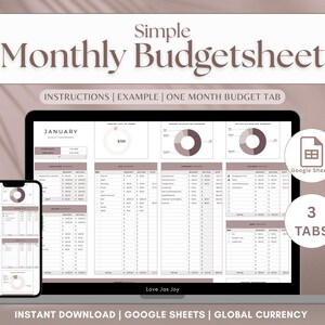 May include: A digital monthly budget sheet displayed on a laptop and smartphone. The screen shows a financial template with charts and tables. The text includes "Simple Monthly Budgetsheet", "January", and "Google Sheets". The color scheme is primarily white and brown.