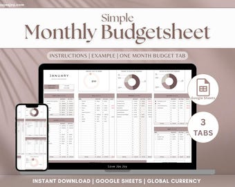 May include: A digital monthly budget sheet displayed on a laptop and smartphone. The screen shows a financial template with charts and tables. The text includes "Simple Monthly Budgetsheet", "January", and "Google Sheets". The color scheme is primarily white and brown.