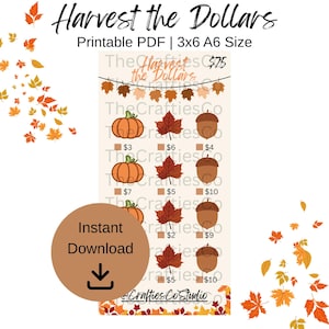 May include: A printable PDF with the text "Harvest the Dollars" featuring illustrations of pumpkins, leaves, and acorns. The design includes a price chart with amounts ranging from £2 to £10. The image also includes the text "Instant Download".