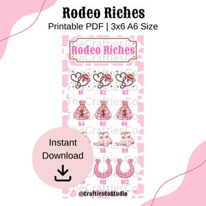 Könnte beinhalten: Ein rosa-weißes druckbares PDF mit dem Text "Rodeo Riches". Das Design zeigt Illustrationen von Cowboyhüten, Geldsäcken, Stiefeln und Hufeisen. Die Worte "Sofort-Download" sind ebenfalls vorhanden.